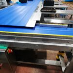 convoyeur agroalimentaire à bande textile alimentaire, équipé d'un embout sabre, spécialement conçu pour améliorer le transport et l'orientation des produits sur les lignes de production.