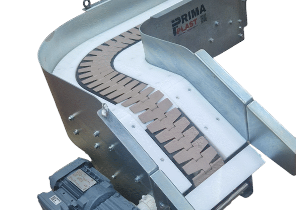 Convoyeur pour cartons, en courbe et élévateur